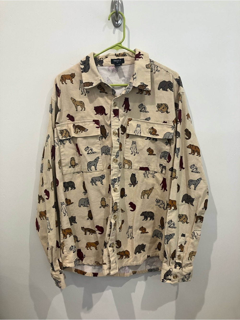 Forever 21 Men Beige Corduroy Shirt with Critters Animal Print w/ Pockets